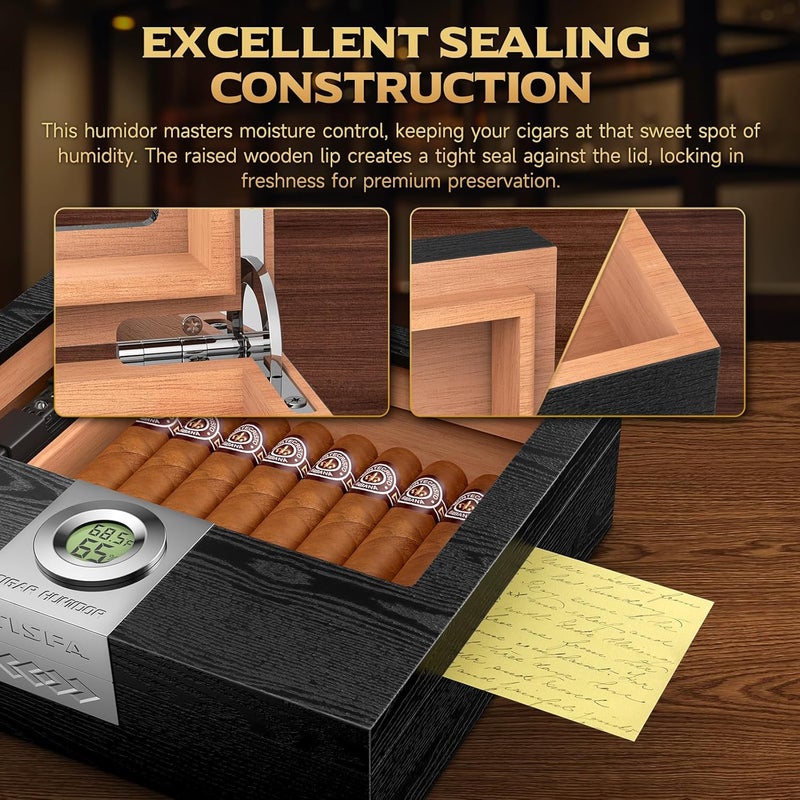 TISFA Cigar Humidor Box Cigar Accessories Set, Includes V Cutter, Straight Cutter, Hole Punch, Digital Hygrometer, Adjustable Humidifier, Divider, Cedar Wood Desktop Humidor Airtight Cigar Case - Image 4